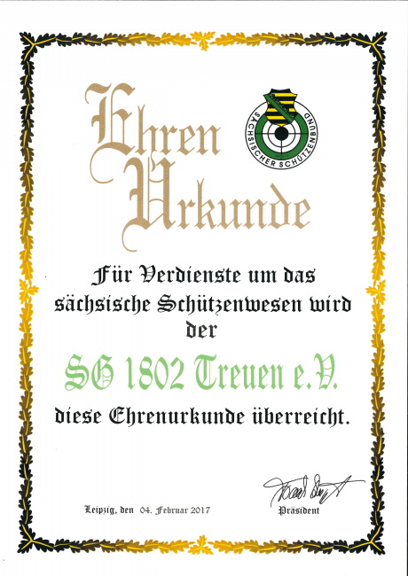 Urkunde des Sächsischen Schützenbundes